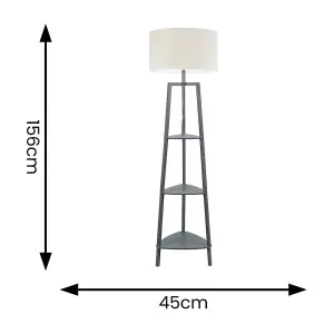 ValueLights Hiru Grey 3 Tier Shelved Wooden Floor Lamp with Linen White Trim Drum Shade