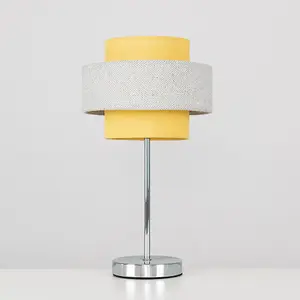 ValueLights Weaver Polished Chrome Touch Bedside Table Lamp with Mustard & Grey Herringbone Shade with LED Bulb