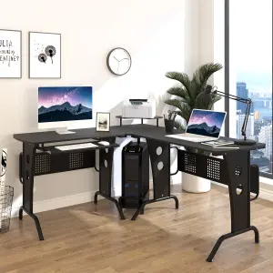 HOMCOM Space-Saving Corner Work Office Desk Gaming w/ Steel Frame CPU Rack Black