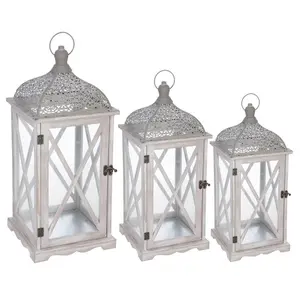 Set Of 3 "Cut" Lanterns, Wood & Glass, Bleached Effect