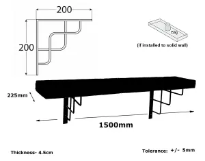 Solid Wood Handmade Rustical Shelf Unprimed 225mm 9 inch with Black Metal Bracket SQUARE Length of 150cm