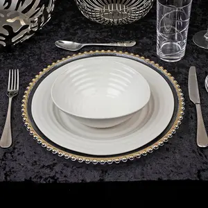 URBNLIVING 32cm Round 12 Pcs Clear Gold Rim Charger Plates Set with Metallic Beaded Coloured Rim