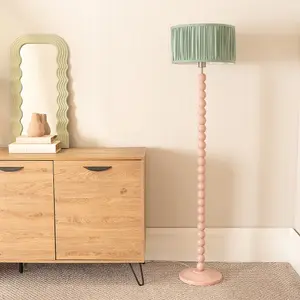 ValueLights Bobbins Painted Rose Floor Lamp with Ruched Pleated Green Drum Shade and LED Bulb