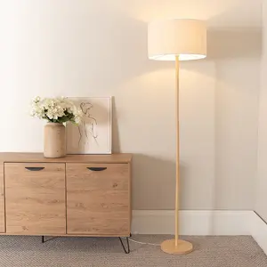 ValueLights Heather Light Wood Single Stem Floor Lamp with Natural White Trim Fabric Drum Shade