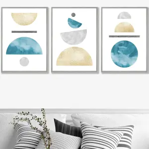 Set of 3 Yellow and Aqua Blue Abstract Mid Century Geometric Wall Art Prints / 50x70cm / Light Grey Frame