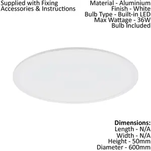 600mm Modern Sleek Ceiling Light White Slim Round Low Profile 36W LED 4000K