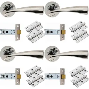 4 PACK - Door Handle & Latch Pack Set- Chrome Curved Flaired Lever Screwless Round Rose Kit