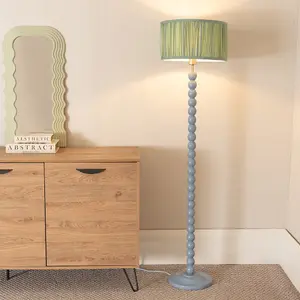 ValueLights Bobbins Powder Blue Floor Lamp with Ruched Pleated Green Drum Shade and LED Bulb