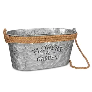 LIVIVO Zinc Plant Pot with Cotton Rope Handles - 'Flowers & Garden' Design for Outdoor or Indoor, Flower Herb & Pot