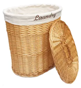 Oval Wicker Laundry Basket With Lid & Removable Cotton Lining Pine with White cloth,Large 37x50x55 cm