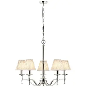 Avery Ceiling Pendant Chandelier Light 5 Lamp Bright Nickel & Beige Pleat Shade