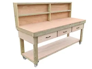 Wooden Eucalyptus hardwood top workbench, tool cabinet with drawers (V.1) (H-90cm, D-70cm, L-210cm) with back and wheels