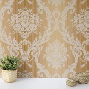 Seabrook Floral Damask Stria Ochre Wallpaper Acrylic Coated Paper Traditional