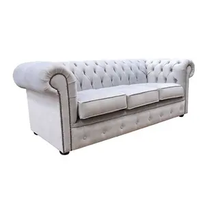 Chesterfield Handmade 3 Seater Sofa Odyssey Silver Velvet Fabric In Classic Style