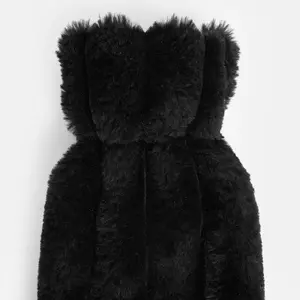 Faux Fur Hot Water Bottle Ribbed Long Fluffy Fleece Supersoft Warmer, Black