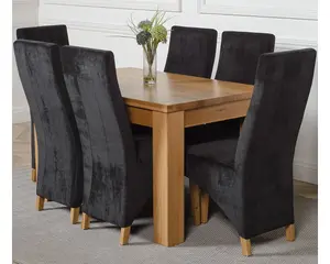 Dakota 127 x 82 cm Chunky Oak Small Dining Table and 6 Chairs Dining Set with Lola Black Fabric Chairs