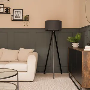 ValueLights Barbro Modern Black Wood Tripod Design Floor Lamp with a Charcoal Grey Drum Shade