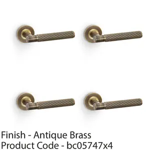 4 PACK - SOLID BRASS Reeded Door Handle Set - Antique Brass Straight Lever on Round Rose