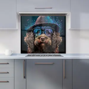 Labradoodle Dog With Glasses Splashart Premium Glass Kitchen Splashback W600mm x H750mm