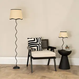 ValueLights Wiggle Black Metal Single Stem Floor Lamp with Linen Scallop Black Trim Tapered Shade