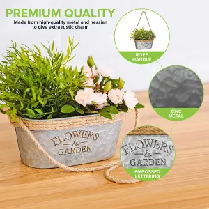 LIVIVO Zinc Plant Pot with Cotton Rope Handles - 'Flowers & Garden' Design for Outdoor or Indoor, Flower Herb & Pot