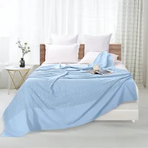 EHC Cotton Soft Hand Woven Reversible Lightweight Light Blue Adult Cellular Blanket, Single 180 x 230cm