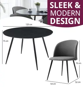 Hallowood Furniture Cullompton Large Round Black Dining Table 120cm with 4 Curved-back Dark Grey Fabric Chairs