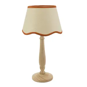 ValueLights Victoria Light Wood Candlestick Table Lamp with Linen Scallop Rust Trim Tapered Shade