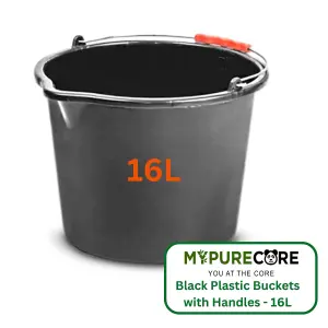 16L Black Plastic Bucket with Handles Sturdy Big Water Bucket with Measuring Scale- Ideal for for Builders Car Washes Bathroom etc