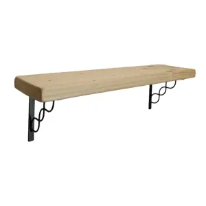 Solid Wood Handmade Rustical Shelf Unprimed 225mm 9 inch with Black Metal Bracket WPRP Length of 110cm