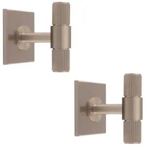 2 PACK - Reeded T Bar Cabinet Door Knob & Matching Backplate Lined Satin Nickel 40 x 40mm