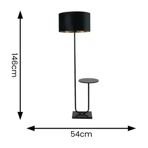 ValueLights Tavel Black Floor Lamp with Table and Black Velvet with Gold Inner Lamp Shade and Bulb