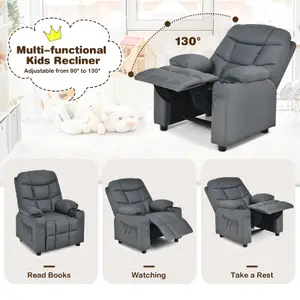 COSTWAY Kids Single Sofa Chair PU Leather Children Armchair Recliner with Cup Holders