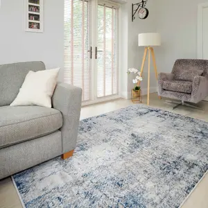 Silver Navy Blue Distressed Abstract Modern Textured Area Rug 190x280cm