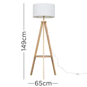 ValueLights Morrigan Light Wood Tripod Design Floor Lamp with Storage Shelf & White Drum Shade - Includes 6w LED Bulb 3000K