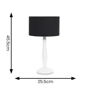 ValueLights Victoria Traditional White Wood Candlestick Table Lamp with Black Drum Shade - LED Bulb Included