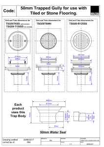 McAlpine TSG50-R125SS 50mm Water Seal Trapped Gully, Tile/Grating with removable Grid, 2" Horizontal Outlet and 2" x 1"  Reducer