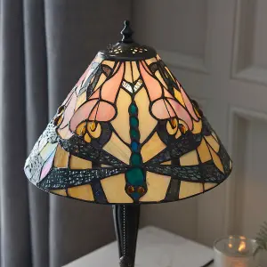 Tiffany Glass Table Lamp Light Dark Bronze & Rich Cream Dragonfly Shade i00168