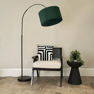 ValueLights Louis Black Arched Curved Floor Lamp with Forest Green Velvet Drum Lamp Shade and LED Bulb