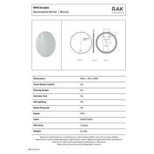 RAK Scorpio 800x800mm Silvery White Round Touch Sensor Illuminated Mirror IP44