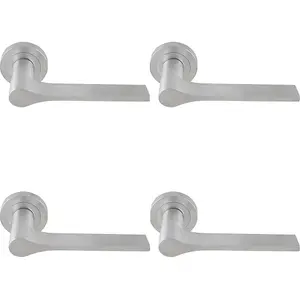 4 PACK - Contemporary Flat Door Handle Set - Satin Chrome Sleek Lever on Round Rose