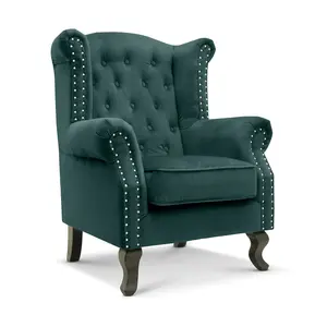 Velvet Wing Back Fireside Henley Chair Armchair with Buttons Bottle Green