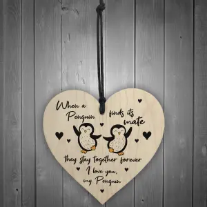 Penguin Gift For Husband Wife Girlfriend Boyfriend Wood Heart Valentines Gift Keepsake