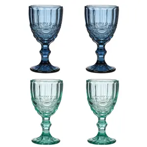 Set of 4 Vintage Luxury Sapphire Blue & Turquoise Drinking Wine Glass Wine Goblets 350ml