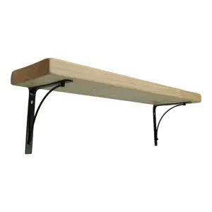 Solid Wood Handmade Rustical Shelf Unprimed 225mm 9 inch with Black Metal Bracket BOW Length of 100cm