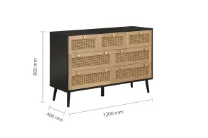 Black Chest of 7 Drawers Rattan Mid Century Modern