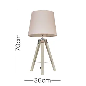 ValueLights Clipper Modern Distressed Wood and Silver Chrome Tripod Table Lamp with Pink Light Shade