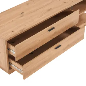 Oak-colored TV Stand for 60-inch TV, Two Drawers and Two Open Storage Spaces, Modern Entertainment Center, 140 x40x45 cm