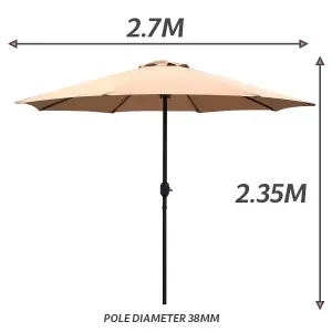 GlamHaus Garden Parasol Table Umbrella 2.7M with Crank Handle, UV40 Protection, Includes Protection Cover, Robust Steel - Sand