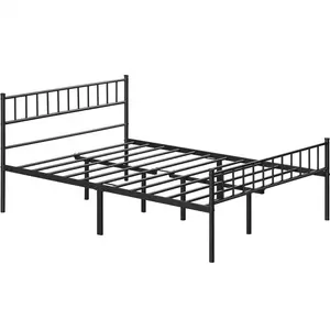 Minimalist Metal Bed Frame with Slatted Headboard Black / Double (4'6)